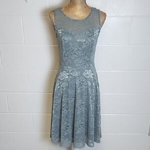 Fit & Flair A-line Silvery Grey Soft Lace Midi Dress for Special Occasion Lined